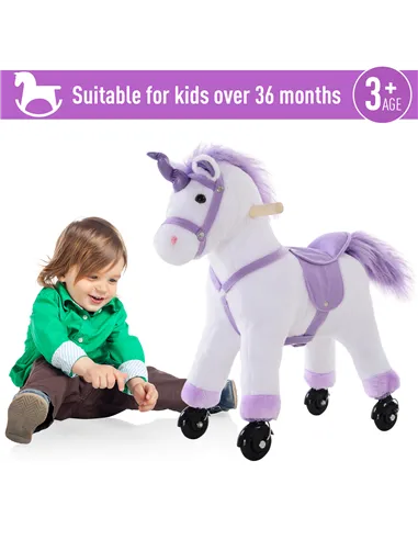 HOMCOM Kids Ride-On Rocking Unicorn, with Realistic Sounds, Handlebars, Purple/White