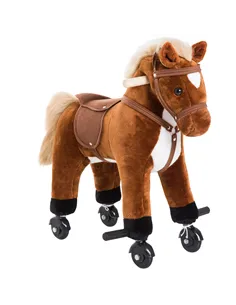 HOMCOM Rocking Horse Kids Ride on Walking Horse Animal Pony Wheeled Riding Plush Toy w/Sound for 2 Years and Up (Brown)