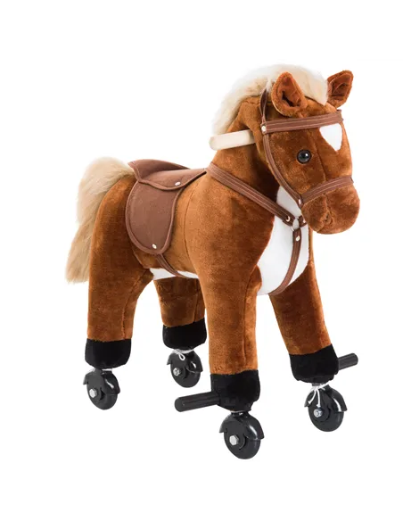 HOMCOM Rocking Horse Kids Ride on Walking Horse Animal Pony Wheeled Riding Plush Toy w/Sound for 2 Years and Up (Brown)