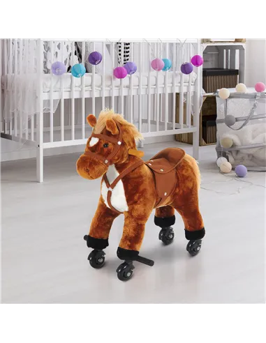 HOMCOM Rocking Horse Kids Ride on Walking Horse Animal Pony Wheeled Riding Plush Toy w/Sound for 2 Years and Up (Brown)