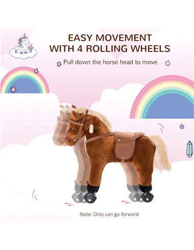 HOMCOM Rocking Horse Kids Ride on Walking Horse Animal Pony Wheeled Riding Plush Toy w/Sound for 2 Years and Up (Brown)