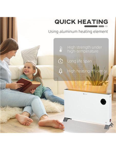 HOMCOM 2000W Electric Convector Heater, Freestanding Space Heater with 3 Heat Settings, Adjustable Thermostat, Timer, White