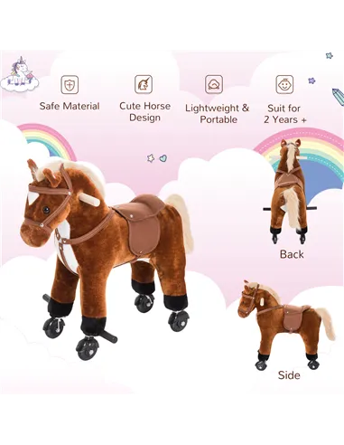 HOMCOM Rocking Horse Kids Ride on Walking Horse Animal Pony Wheeled Riding Plush Toy w/Sound for 2 Years and Up (Brown)