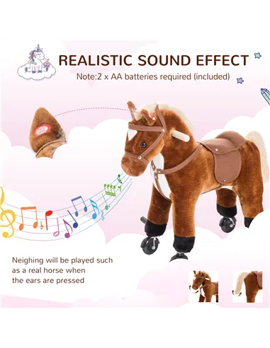 HOMCOM Rocking Horse Kids Ride on Walking Horse Animal Pony Wheeled Riding Plush Toy w/Sound for 2 Years and Up (Brown)