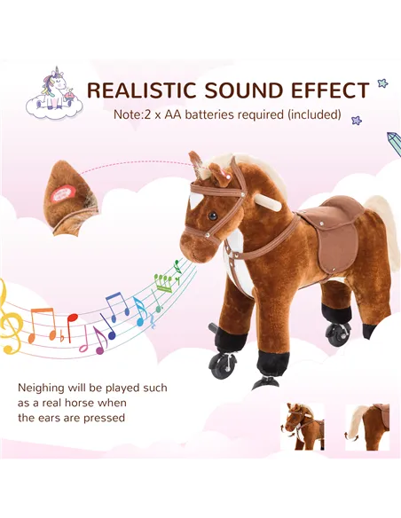 HOMCOM Rocking Horse Kids Ride on Walking Horse Animal Pony Wheeled Riding Plush Toy w/Sound for 2 Years and Up (Brown)
