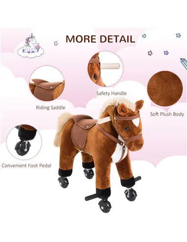 HOMCOM Rocking Horse Kids Ride on Walking Horse Animal Pony Wheeled Riding Plush Toy w/Sound for 2 Years and Up (Brown)