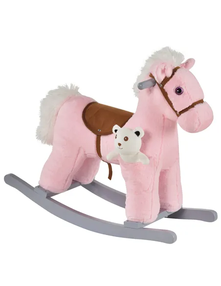 HOMCOM Kids Plush Ride-On Rocking Horse Toy Rocker with Plush Toy Realistic Sounds for Child 18-36 Months Pink