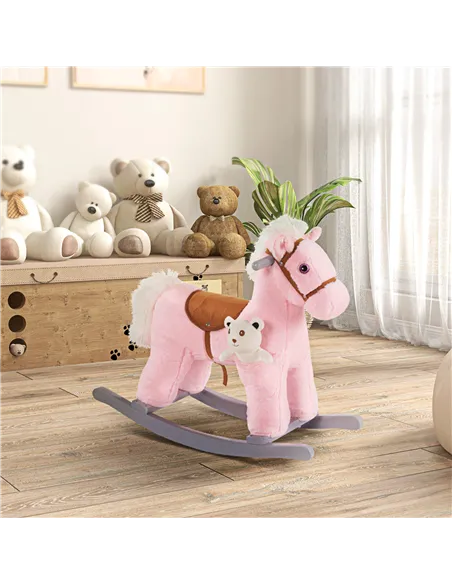 HOMCOM Kids Plush Ride-On Rocking Horse Toy Rocker with Plush Toy Realistic Sounds for Child 18-36 Months Pink