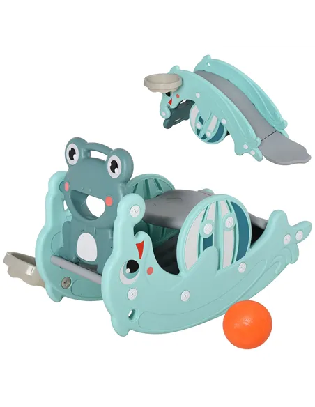 HOMCOM 3-in-1 Baby Rocking Horse Portable Slide Basketball Hoop Equipment Indoor Outdoor Playground Toy, Age 18-36 Months, Green