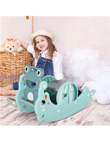 HOMCOM 3-in-1 Baby Rocking Horse Portable Slide Basketball Hoop Equipment Indoor Outdoor Playground Toy, Age 18-36 Months, Green