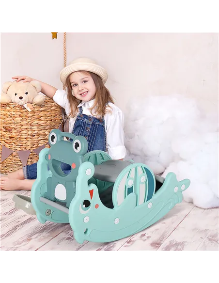 HOMCOM 3-in-1 Baby Rocking Horse Portable Slide Basketball Hoop Equipment Indoor Outdoor Playground Toy, Age 18-36 Months, Green