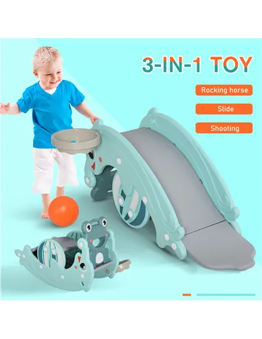 HOMCOM 3-in-1 Baby Rocking Horse Portable Slide Basketball Hoop Equipment Indoor Outdoor Playground Toy, Age 18-36 Months, Green