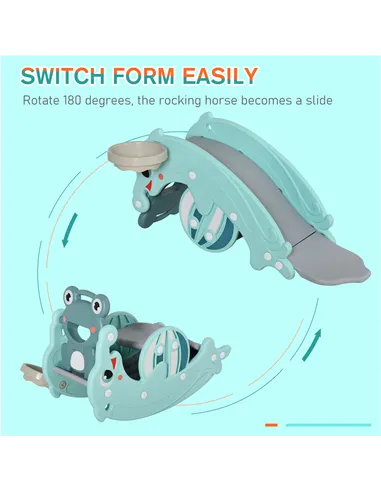 HOMCOM 3-in-1 Baby Rocking Horse Portable Slide Basketball Hoop Equipment Indoor Outdoor Playground Toy, Age 18-36 Months, Green