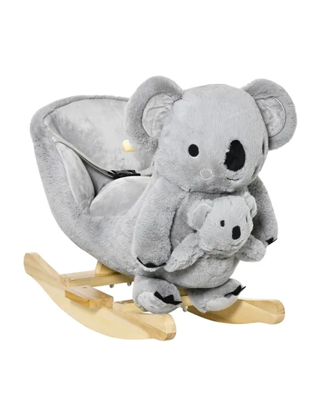 HOMCOM Kids Toddler Rocking Horse Plush Ride On Koala Rocker Wooden Base Seat Safety Belt w/ Gloved Doll Toy for 18-36 Months Gr