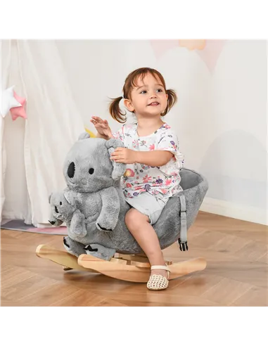 HOMCOM Kids Toddler Rocking Horse Plush Ride On Koala Rocker Wooden Base Seat Safety Belt w/ Gloved Doll Toy for 18-36 Months Gr