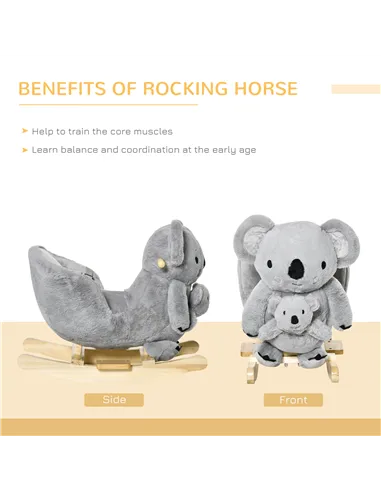 HOMCOM Kids Toddler Rocking Horse Plush Ride On Koala Rocker Wooden Base Seat Safety Belt w/ Gloved Doll Toy for 18-36 Months Gr