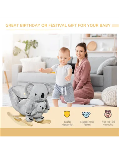 HOMCOM Kids Toddler Rocking Horse Plush Ride On Koala Rocker Wooden Base Seat Safety Belt w/ Gloved Doll Toy for 18-36 Months Gr