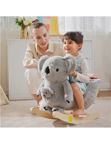 HOMCOM Kids Toddler Rocking Horse Plush Ride On Koala Rocker Wooden Base Seat Safety Belt w/ Gloved Doll Toy for 18-36 Months Gr