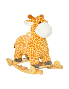 HOMCOM 2 In 1 Kids Todder Rocking Horse Plush Ride On Giraffe Rocker with Wheels Wooden Base Animal Sounds for 3-6 Years