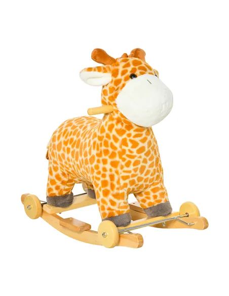 HOMCOM 2 In 1 Kids Todder Rocking Horse Plush Ride On Giraffe Rocker with Wheels Wooden Base Animal Sounds for 3-6 Years