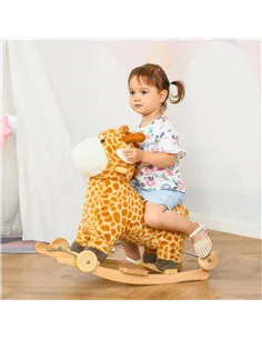HOMCOM 2 In 1 Kids Todder Rocking Horse Plush Ride On Giraffe Rocker with Wheels Wooden Base Animal Sounds for 3-6 Years 2