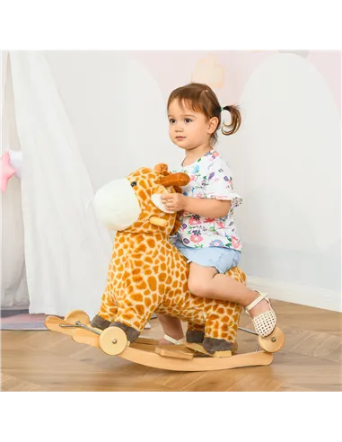 HOMCOM 2 In 1 Kids Todder Rocking Horse Plush Ride On Giraffe Rocker with Wheels Wooden Base Animal Sounds for 3-6 Years