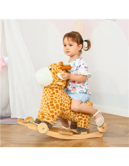 HOMCOM 2 In 1 Kids Todder Rocking Horse Plush Ride On Giraffe Rocker with Wheels Wooden Base Animal Sounds for 3-6 Years