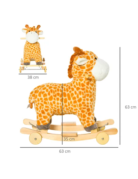HOMCOM 2 In 1 Kids Todder Rocking Horse Plush Ride On Giraffe Rocker with Wheels Wooden Base Animal Sounds for 3-6 Years