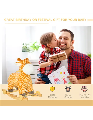 HOMCOM 2 In 1 Kids Todder Rocking Horse Plush Ride On Giraffe Rocker with Wheels Wooden Base Animal Sounds for 3-6 Years