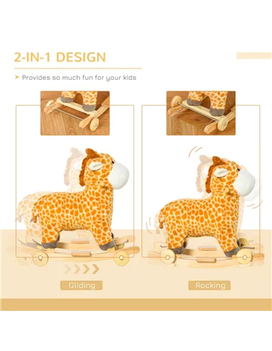 HOMCOM 2 In 1 Kids Todder Rocking Horse Plush Ride On Giraffe Rocker with Wheels Wooden Base Animal Sounds for 3-6 Years