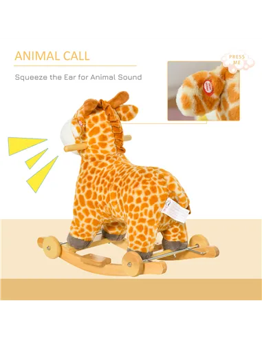 HOMCOM 2 In 1 Kids Todder Rocking Horse Plush Ride On Giraffe Rocker with Wheels Wooden Base Animal Sounds for 3-6 Years