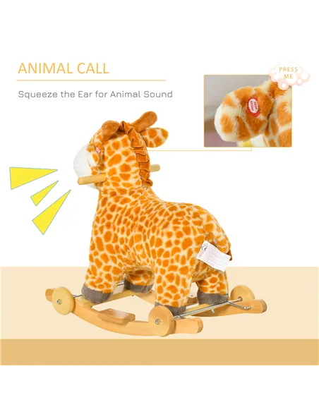 HOMCOM 2 In 1 Kids Todder Rocking Horse Plush Ride On Giraffe Rocker with Wheels Wooden Base Animal Sounds for 3-6 Years