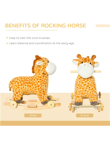 HOMCOM 2 In 1 Kids Todder Rocking Horse Plush Ride On Giraffe Rocker with Wheels Wooden Base Animal Sounds for 3-6 Years