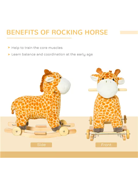 HOMCOM 2 In 1 Kids Todder Rocking Horse Plush Ride On Giraffe Rocker with Wheels Wooden Base Animal Sounds for 3-6 Years
