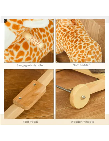 HOMCOM 2 In 1 Kids Todder Rocking Horse Plush Ride On Giraffe Rocker with Wheels Wooden Base Animal Sounds for 3-6 Years