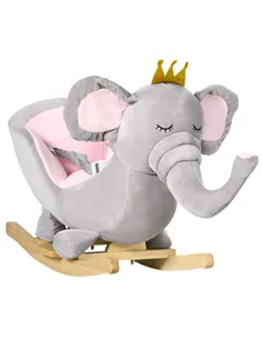 HOMCOM Kids Elephant-Designed Rocking Horse, with Safety Belt, Wooden Base, for Ages 18-36 Months - Grey