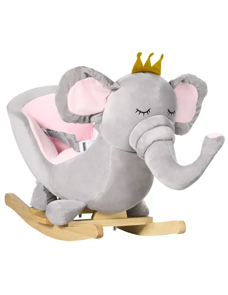 HOMCOM Kids Elephant-Designed Rocking Horse, with Safety Belt, Wooden Base, for Ages 18-36 Months - Grey