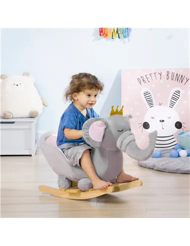 HOMCOM Kids Elephant-Designed Rocking Horse, with Safety Belt, Wooden Base, for Ages 18-36 Months - Grey