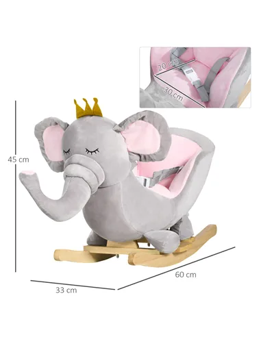 HOMCOM Kids Elephant-Designed Rocking Horse, with Safety Belt, Wooden Base, for Ages 18-36 Months - Grey