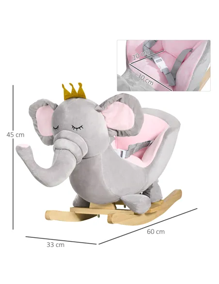 HOMCOM Kids Elephant-Designed Rocking Horse, with Safety Belt, Wooden Base, for Ages 18-36 Months - Grey
