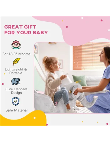 HOMCOM Kids Elephant-Designed Rocking Horse, with Safety Belt, Wooden Base, for Ages 18-36 Months - Grey