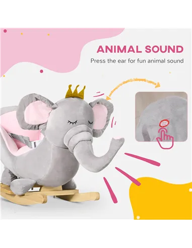 HOMCOM Kids Elephant-Designed Rocking Horse, with Safety Belt, Wooden Base, for Ages 18-36 Months - Grey