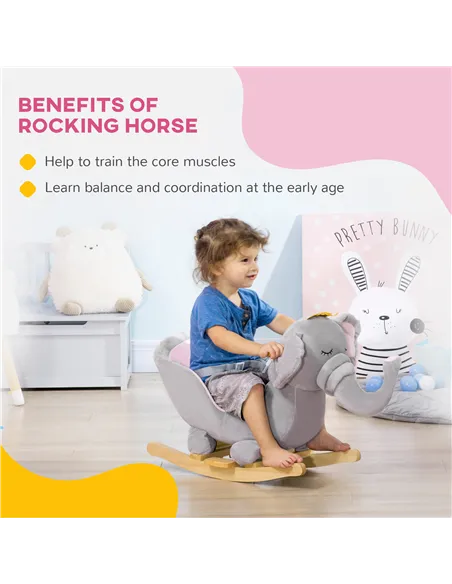 HOMCOM Kids Elephant-Designed Rocking Horse, with Safety Belt, Wooden Base, for Ages 18-36 Months - Grey