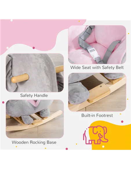 HOMCOM Kids Elephant-Designed Rocking Horse, with Safety Belt, Wooden Base, for Ages 18-36 Months - Grey