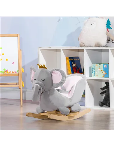 HOMCOM Kids Elephant-Designed Rocking Horse, with Safety Belt, Wooden Base, for Ages 18-36 Months - Grey