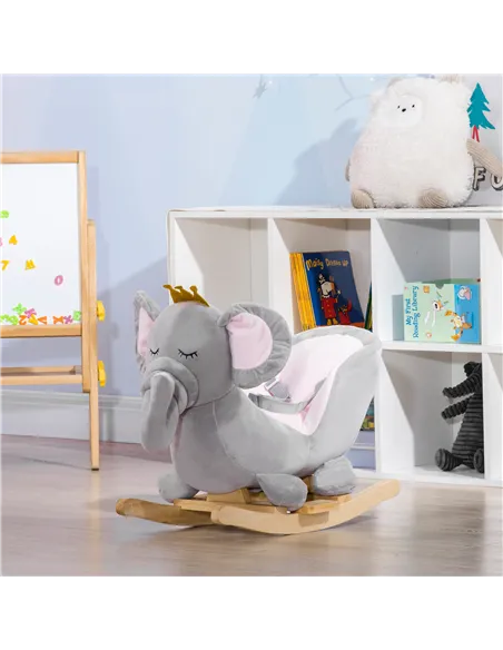 HOMCOM Kids Elephant-Designed Rocking Horse, with Safety Belt, Wooden Base, for Ages 18-36 Months - Grey