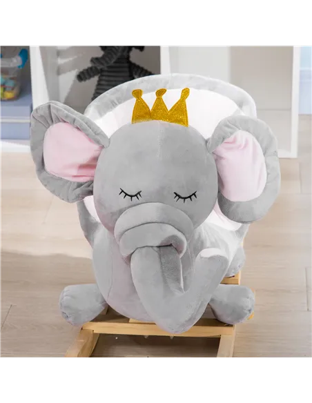 HOMCOM Kids Elephant-Designed Rocking Horse, with Safety Belt, Wooden Base, for Ages 18-36 Months - Grey