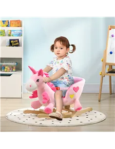 HOMCOM Kids Rocking Horse Ride on Unicorn with Songs, Wooden Base, Seatbelt, for Ages 18-36 Months, Pink 2