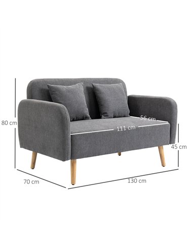 HOMCOM 2 Seater Sofa, Modern Fabric Loveseat Sofa, Small Couch with 2 Pillows, Armrest and Wood Legs for Living Room, Bedroom, H