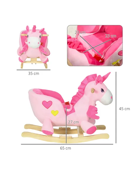 HOMCOM Kids Rocking Horse Ride on Unicorn with Songs, Wooden Base, Seatbelt, for Ages 18-36 Months, Pink